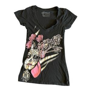 Vintage Y2K Skin Industries Graphic Tee Womens Small Black V-Neck Skater Grunge